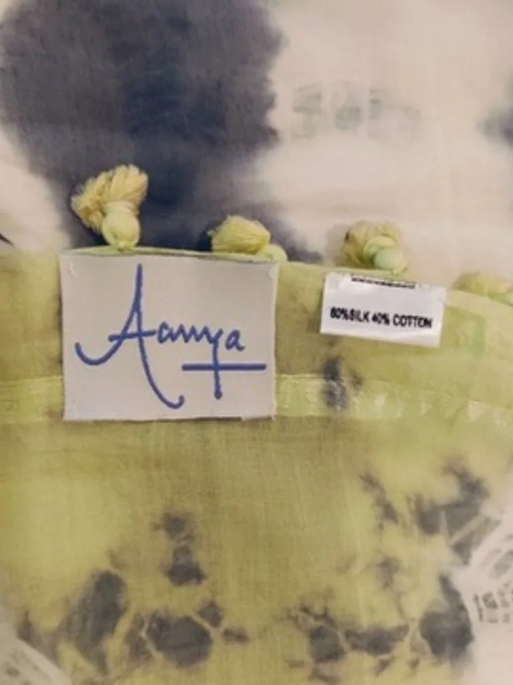 Aanya Silk Cotton Scarf Wrap Womens Lime Green Gray Shibori Tie Dye Tassel